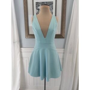 NBD Light Blue Plunge Neck Strappy Back Fit and Flare Skater Dress Size M